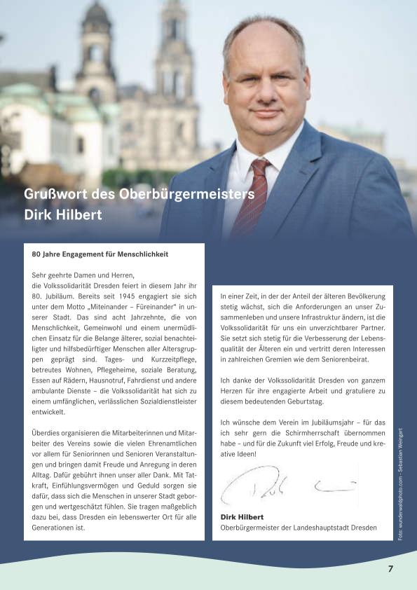 Grußwort des Oberbürgermeisters der Landeshauptstadt Dresden zu 80 Jahre Volkssolidarität in Dresden